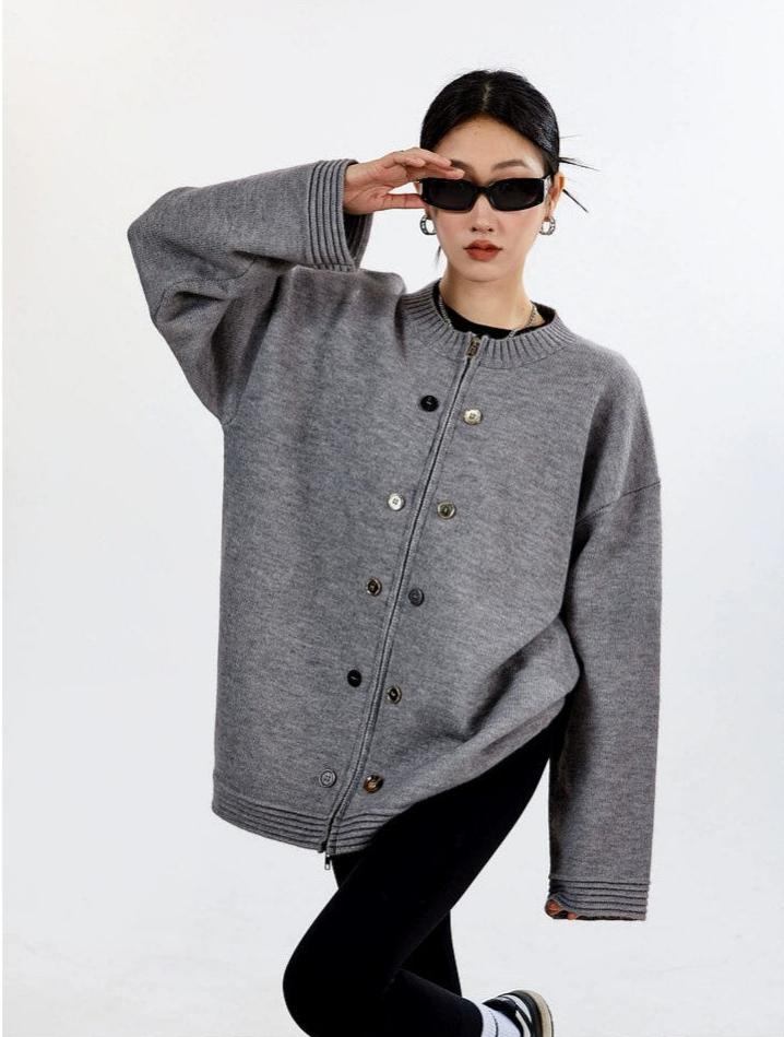 Ribbed Trim Oversized Button Zip Knit Cardigan