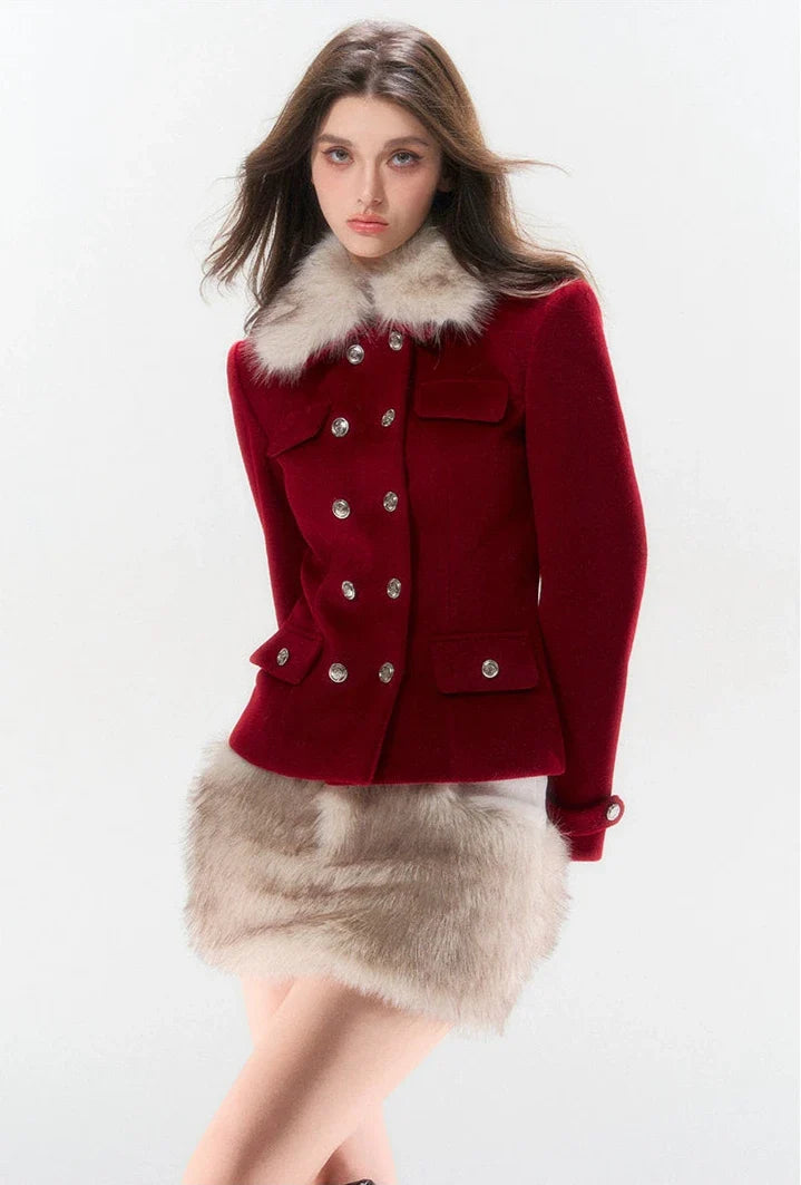 Red Double-Breasted Coat and Mini Skirt Set