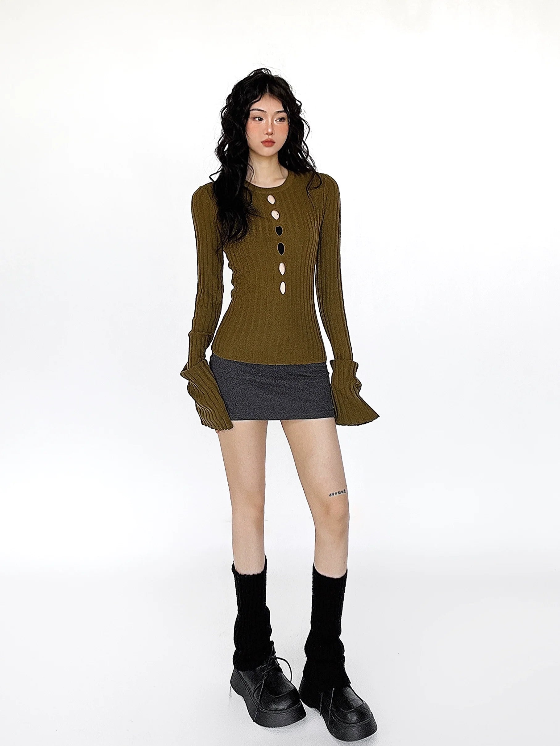 Cutout Ribbed Bell Sleeve Top