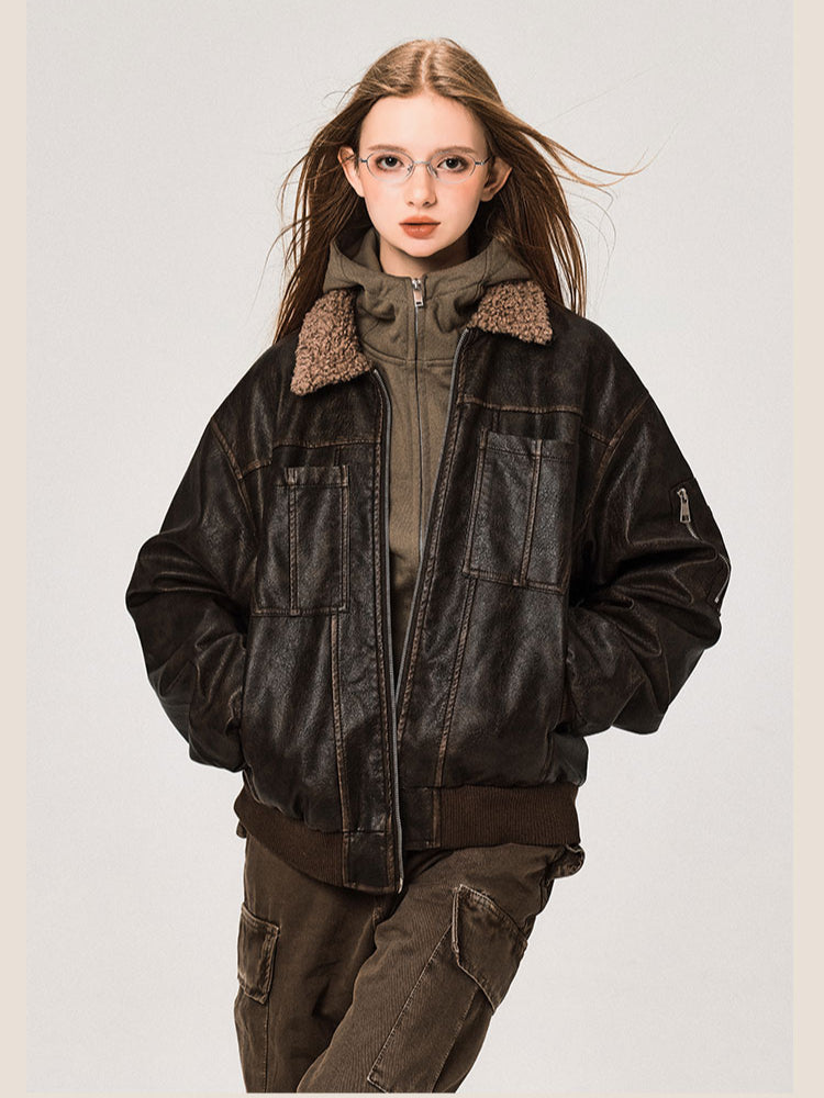 Veste en cuir PU avec col en laine d'agneau