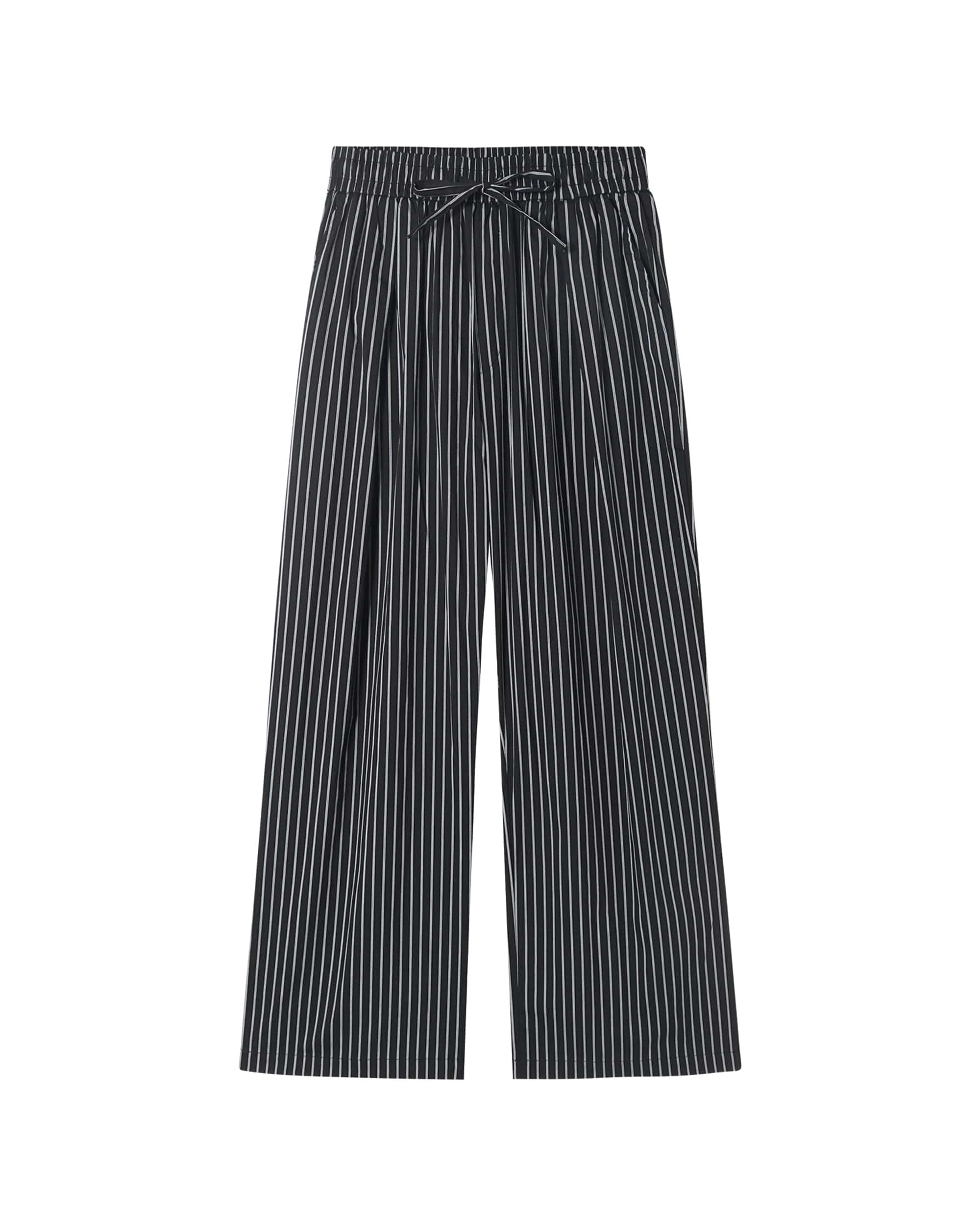 Blue Pinstripe Drawstring Wide-Leg Pants