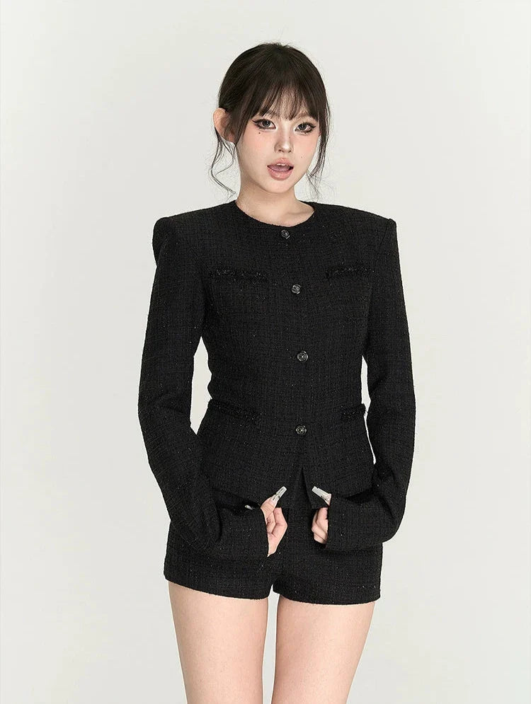 Black Boxy Tweed Blazer and Short Set