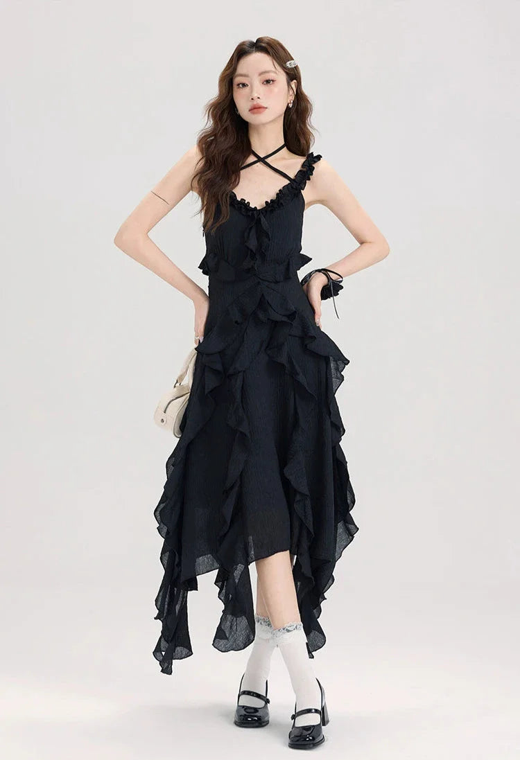 Black Ruffle Asymmetric Halter Dress