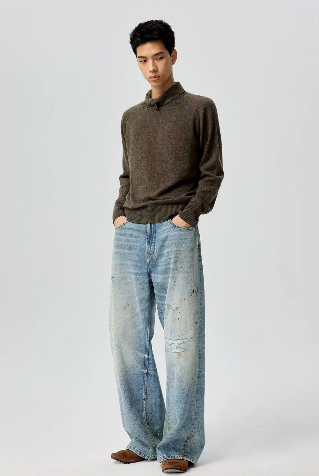 Splatter Distressed Twisted-Seam Jeans