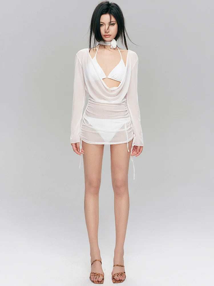 White Sheer Mesh Bikini Dress Set