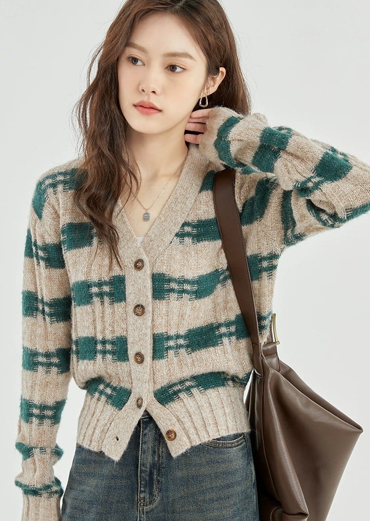 Green and Beige Plaid Knit Cardigan