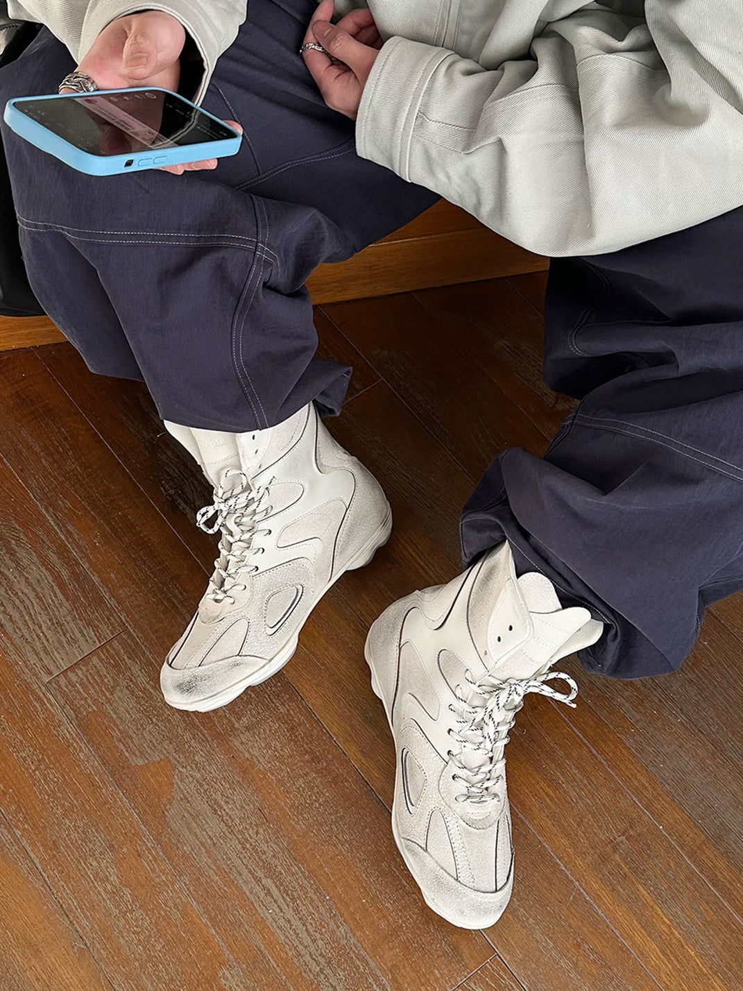 Cracked-Leather Layered-Sole High-Top Sneakers - view 2