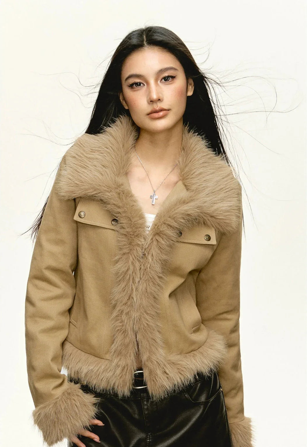 Tan Fur Trim Cropped Jacket