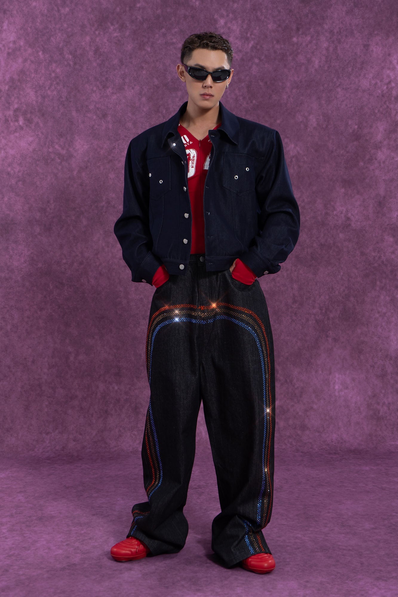 Classic Cropped Shoulder Padding  Dark Denim Jacket