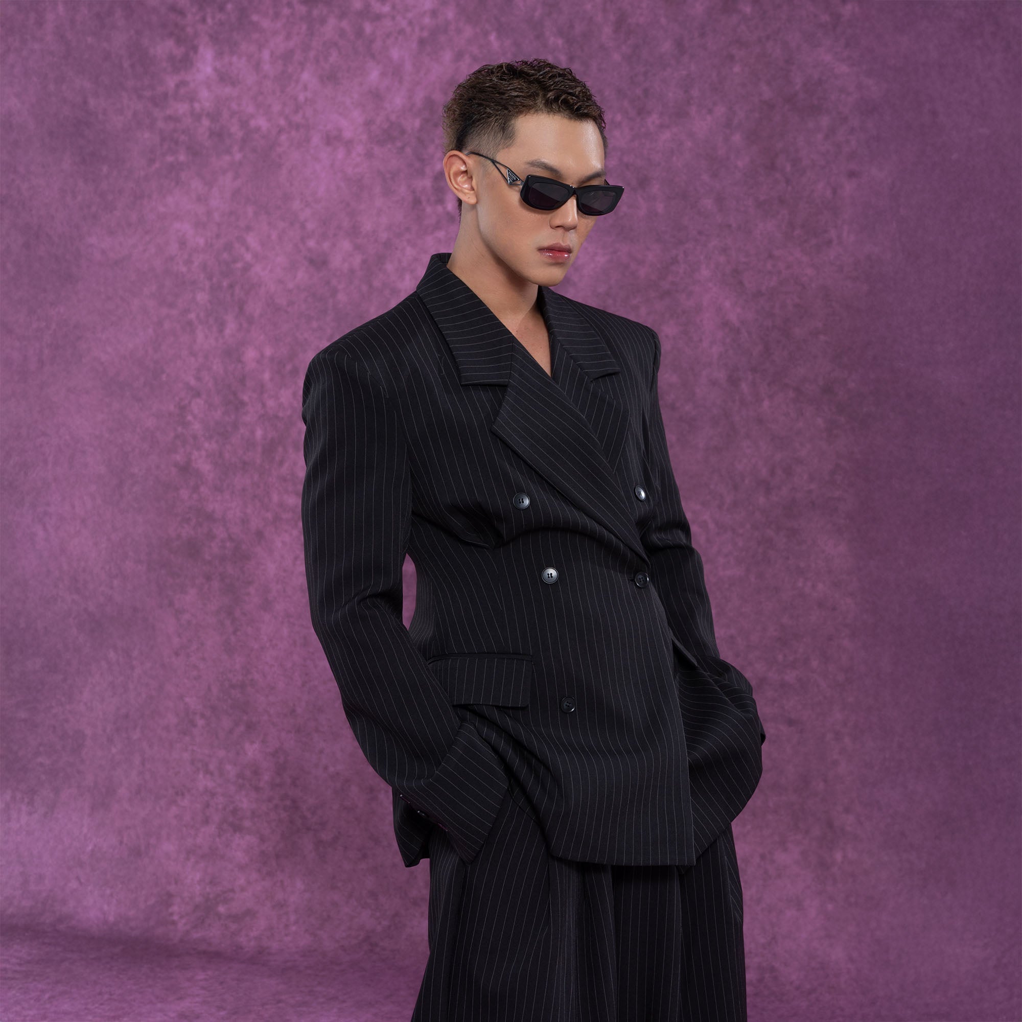 Black Pinstripe Cinched Waist Double-Breasted Blazer