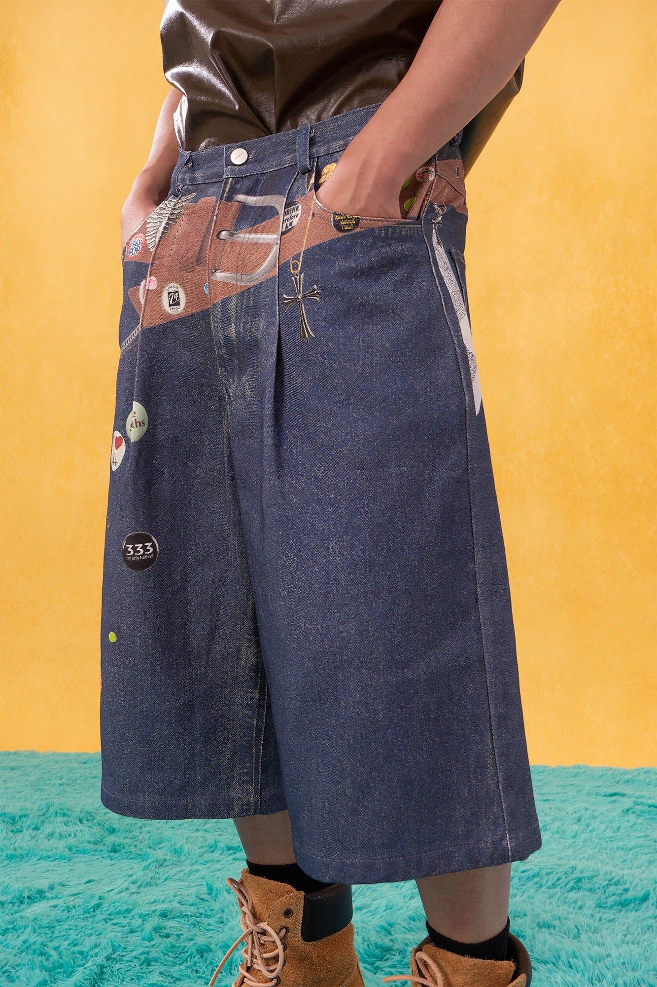 Wide-Leg Denim Shorts with Graphic Print and Button Details