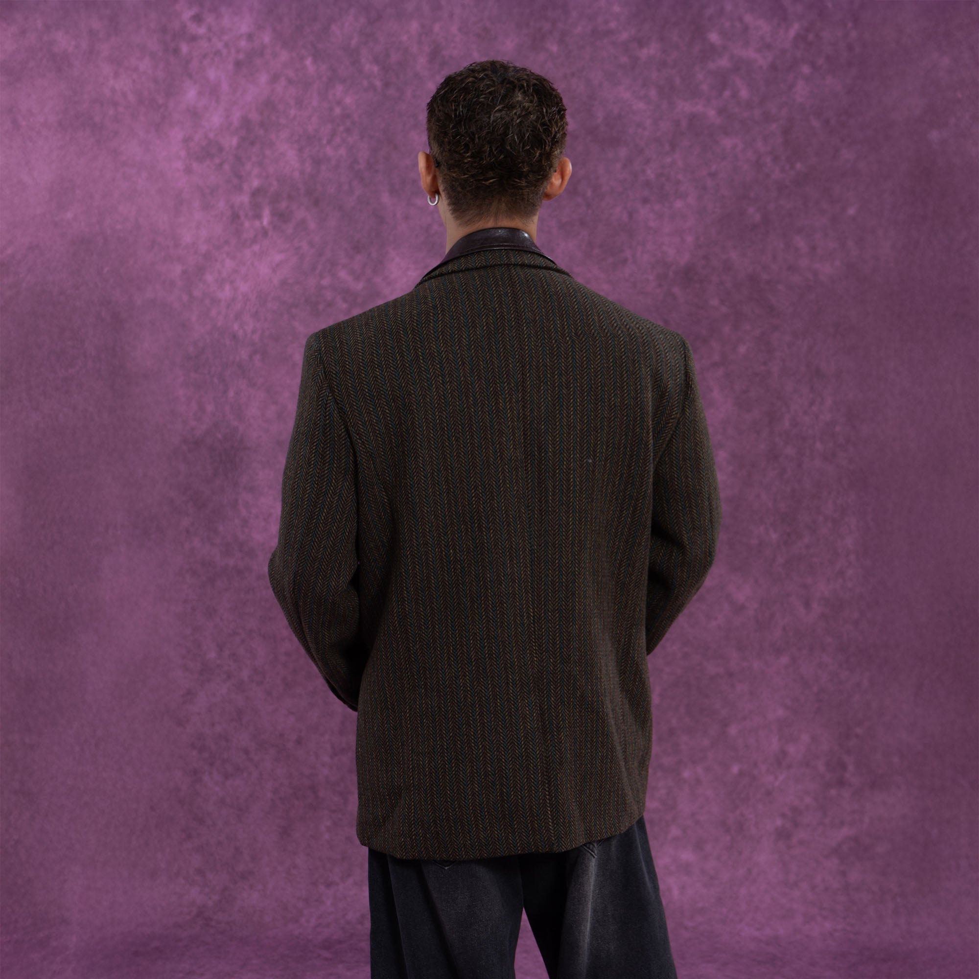 Vintage Herringbone Leather Collar Blazer