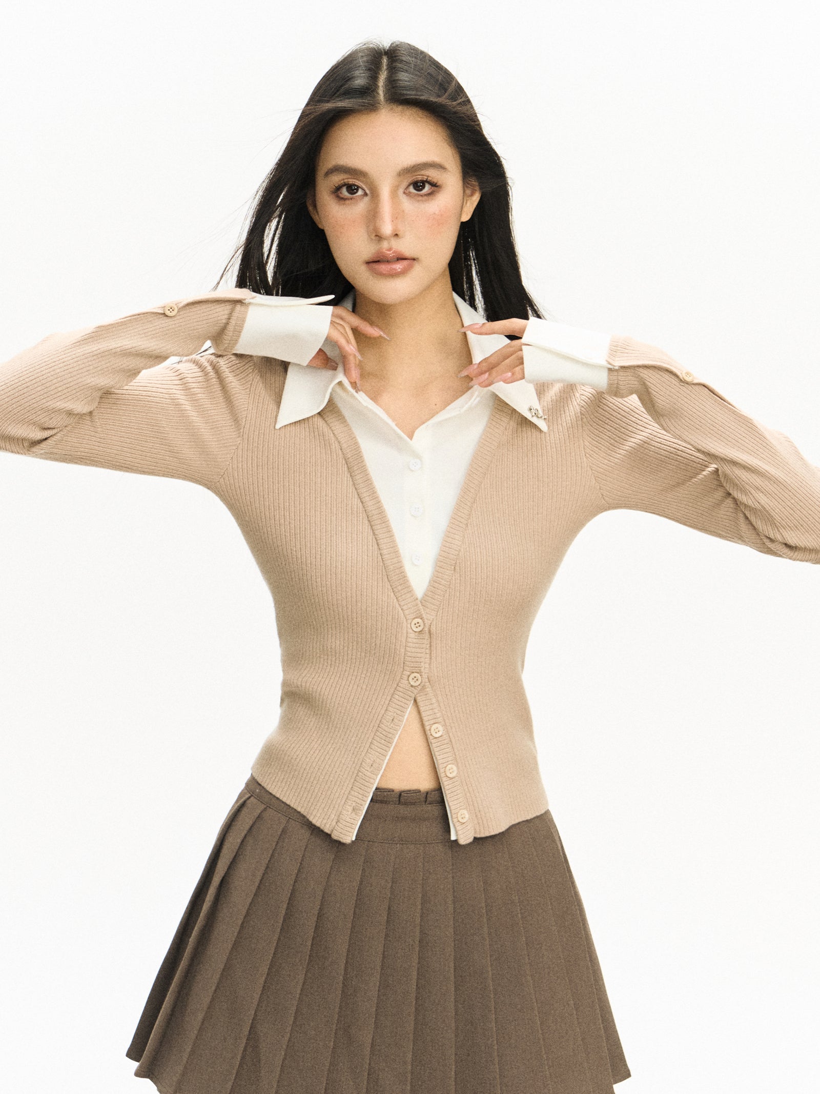 Classic Mock Two-Piece Ribbed V-neck Cardigan