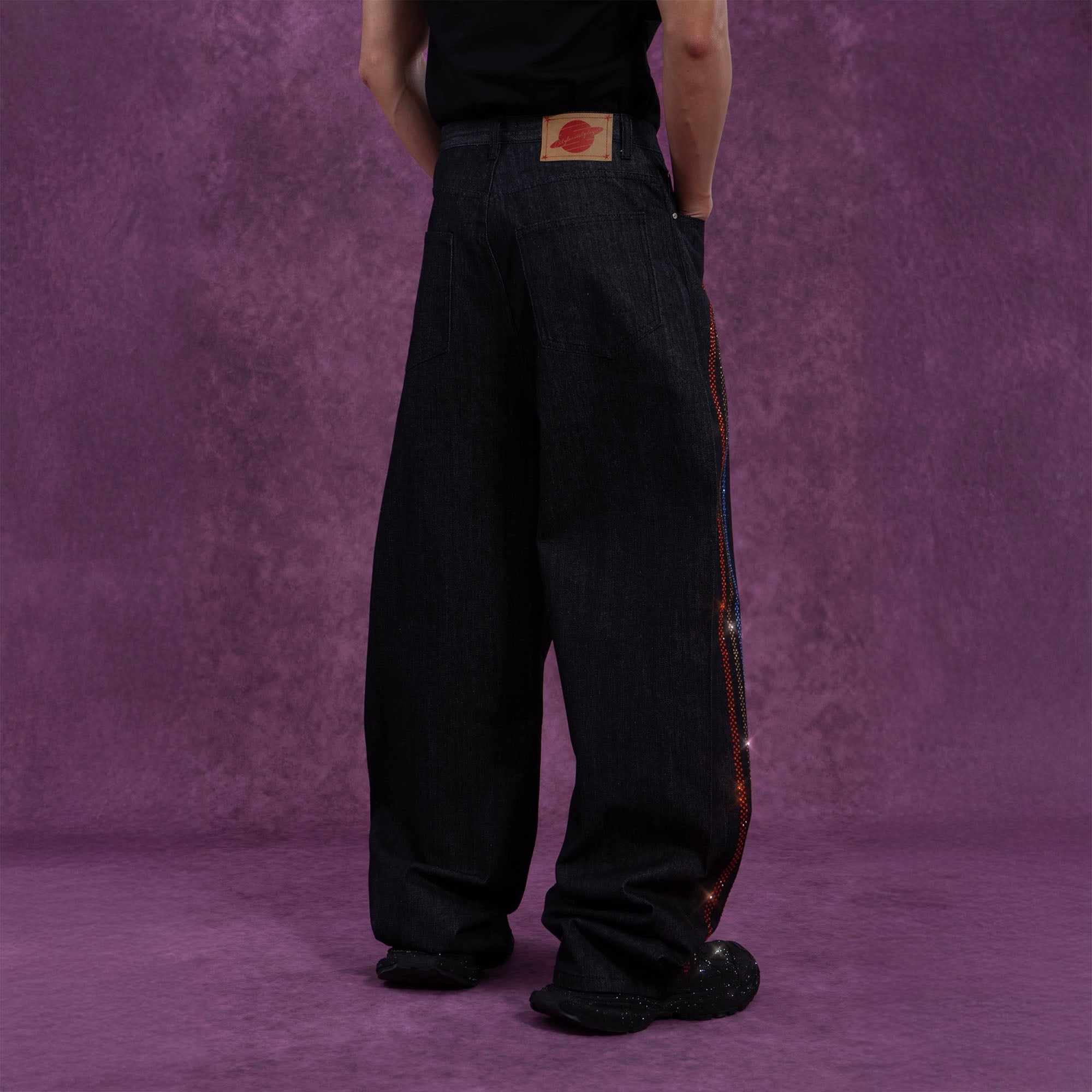 Black Rhinestone Embellished Wide-Leg Jeans