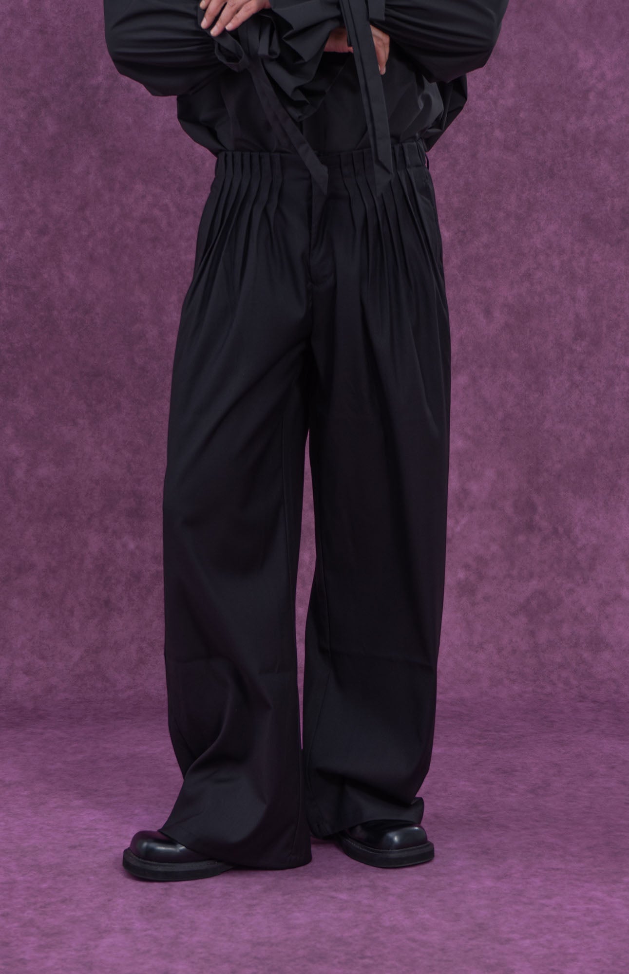 Pleated Waist Black Wide-Leg Trousers