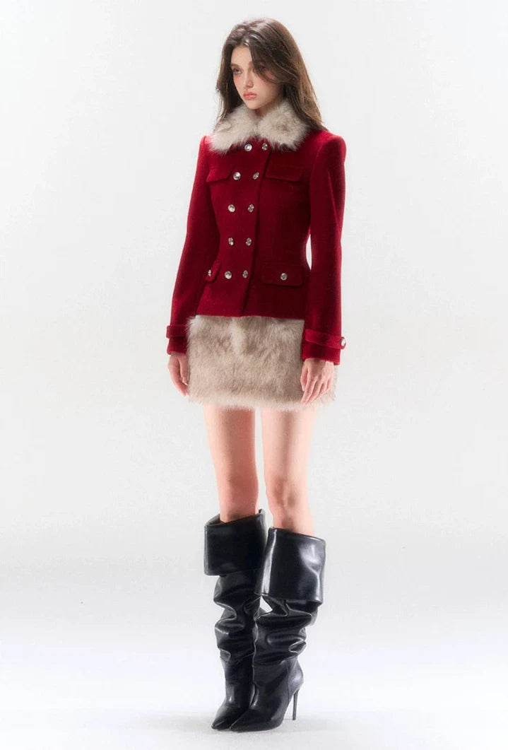 Red Double-Breasted Coat and Mini Skirt Set