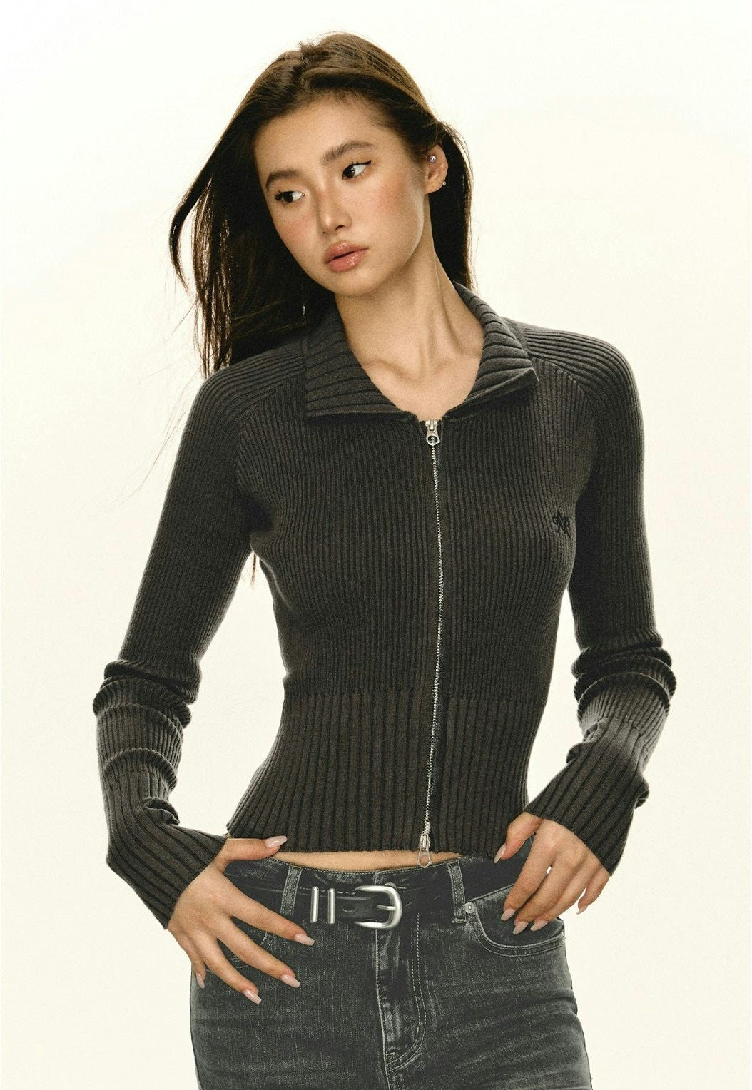 Slim Cropped Ribbed Zip-Up Sweater