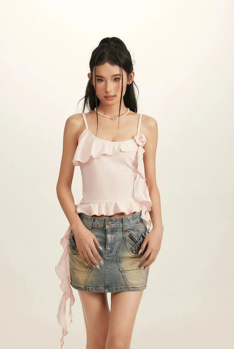 Spaghetti Red Ruffle Crop Top