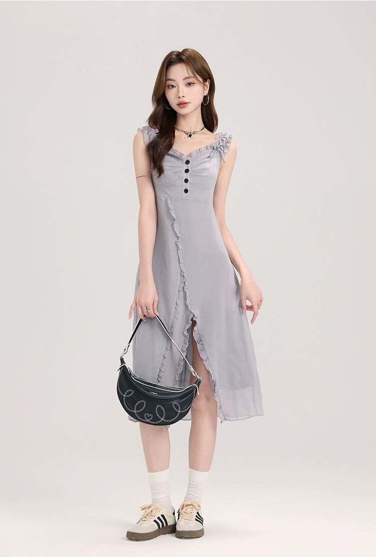 Ruffle Trim Button Front Midi Dress