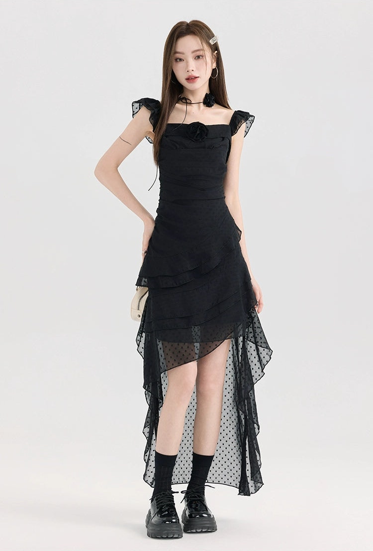 black mesh ruffle dress Black Mesh Ruffle Maxi Dress