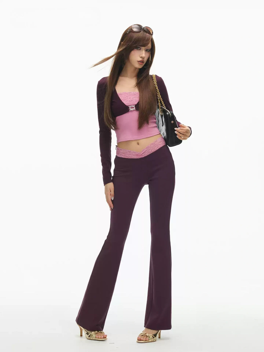 Plum Clasp Cardigan with Pink Lace-Trim Bandeau - view 4