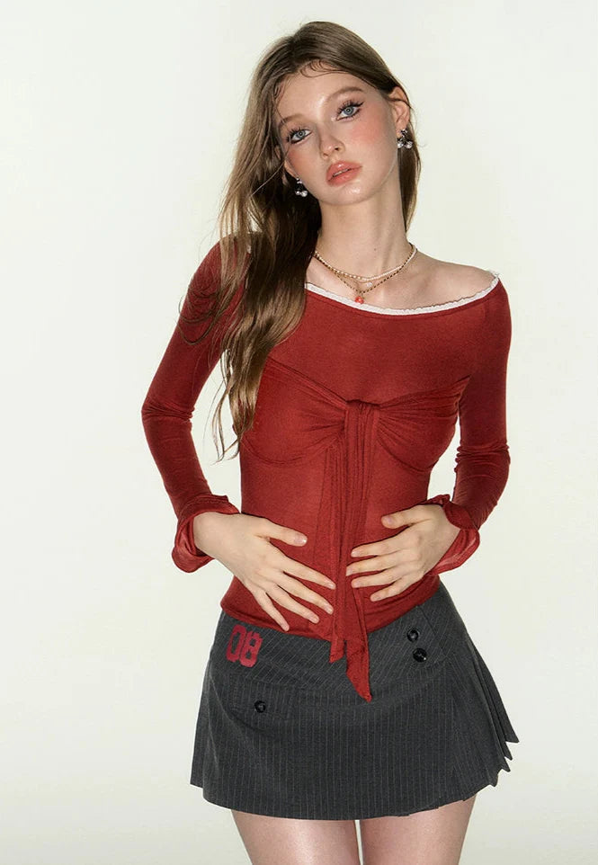 Red Long Sleeves Off-Shoulder Tie-Front Top