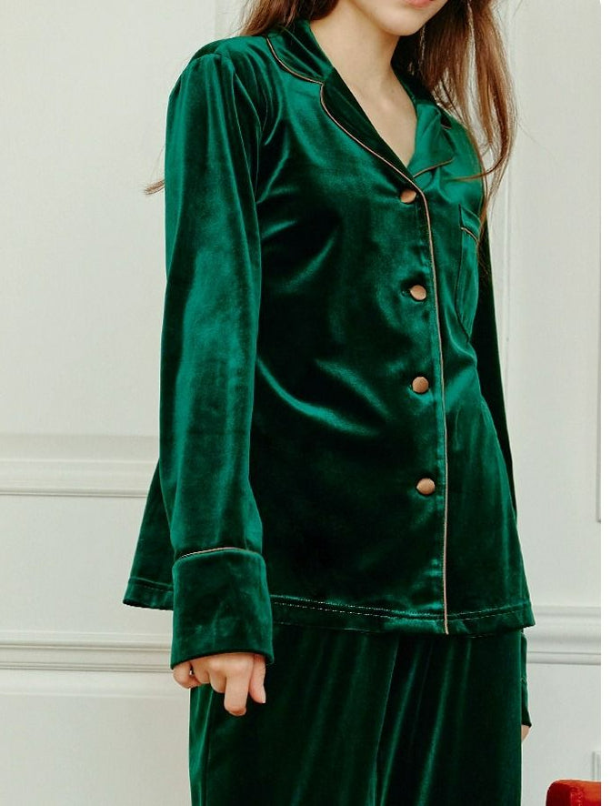 Long-Sleeve Velvet Loungewear Pajama Set - chiclara
