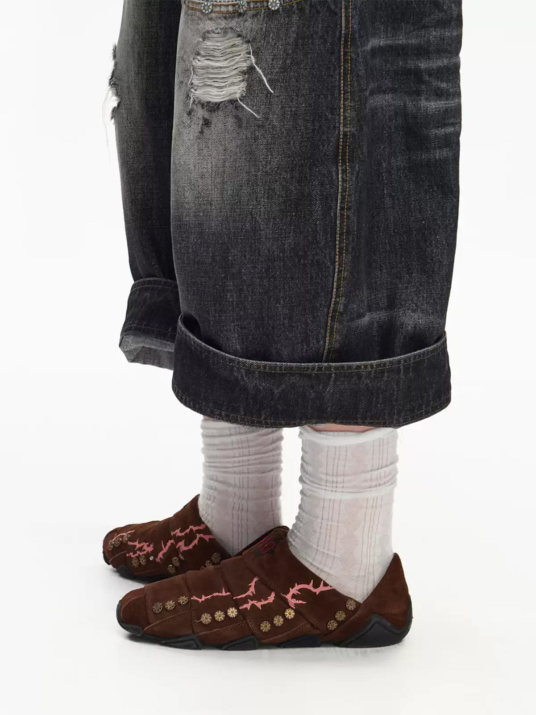 Embroidered Layered Suede Studded Mules - view 5