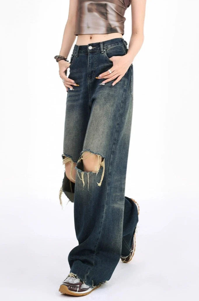 Distressed Raw Hem Dark Wide Leg Jeans
