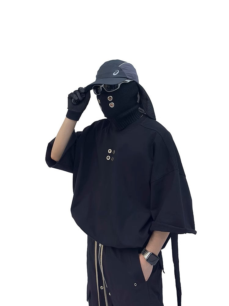 Grommet Detail Oversized Black Tee