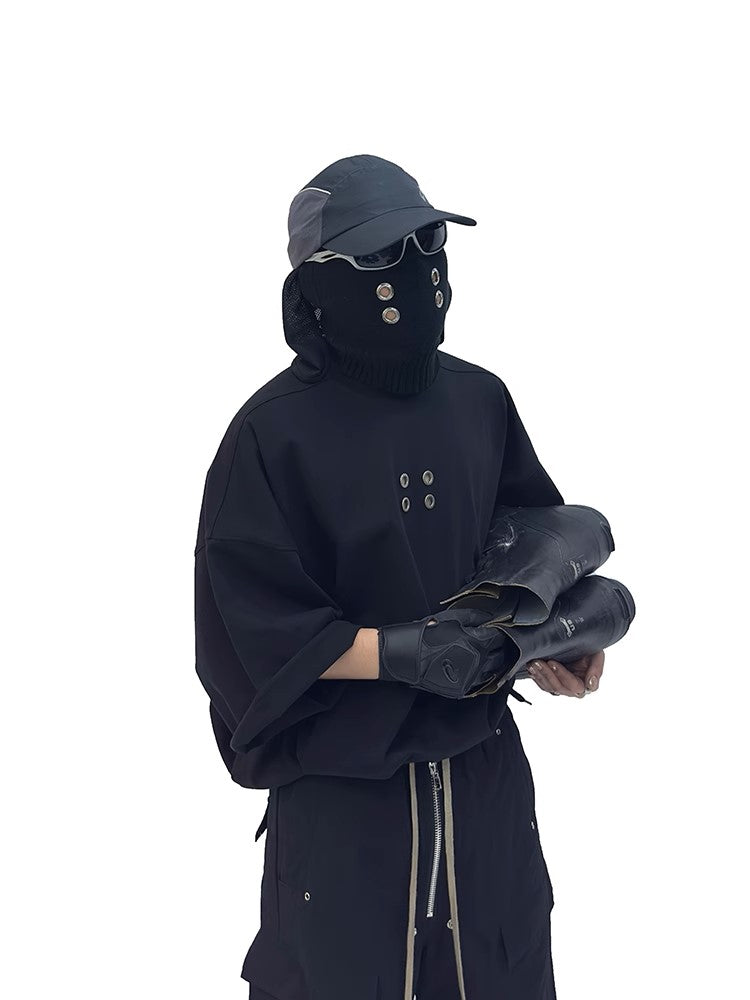 Grommet Detail Oversized Black Tee