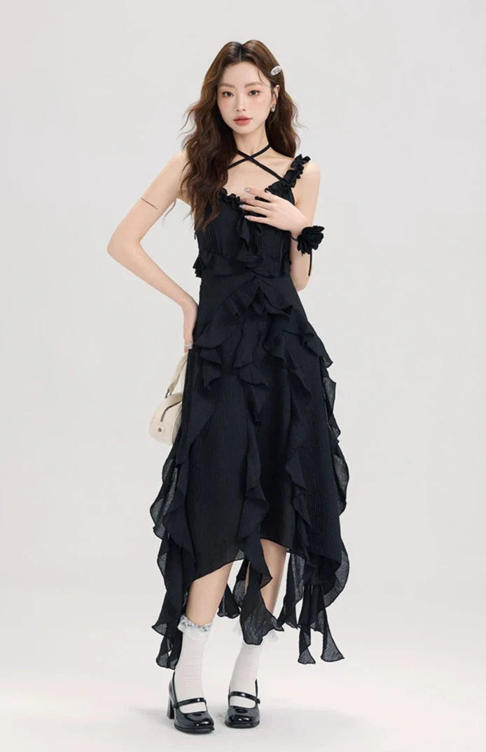 Black Ruffle Asymmetric Halter Dress