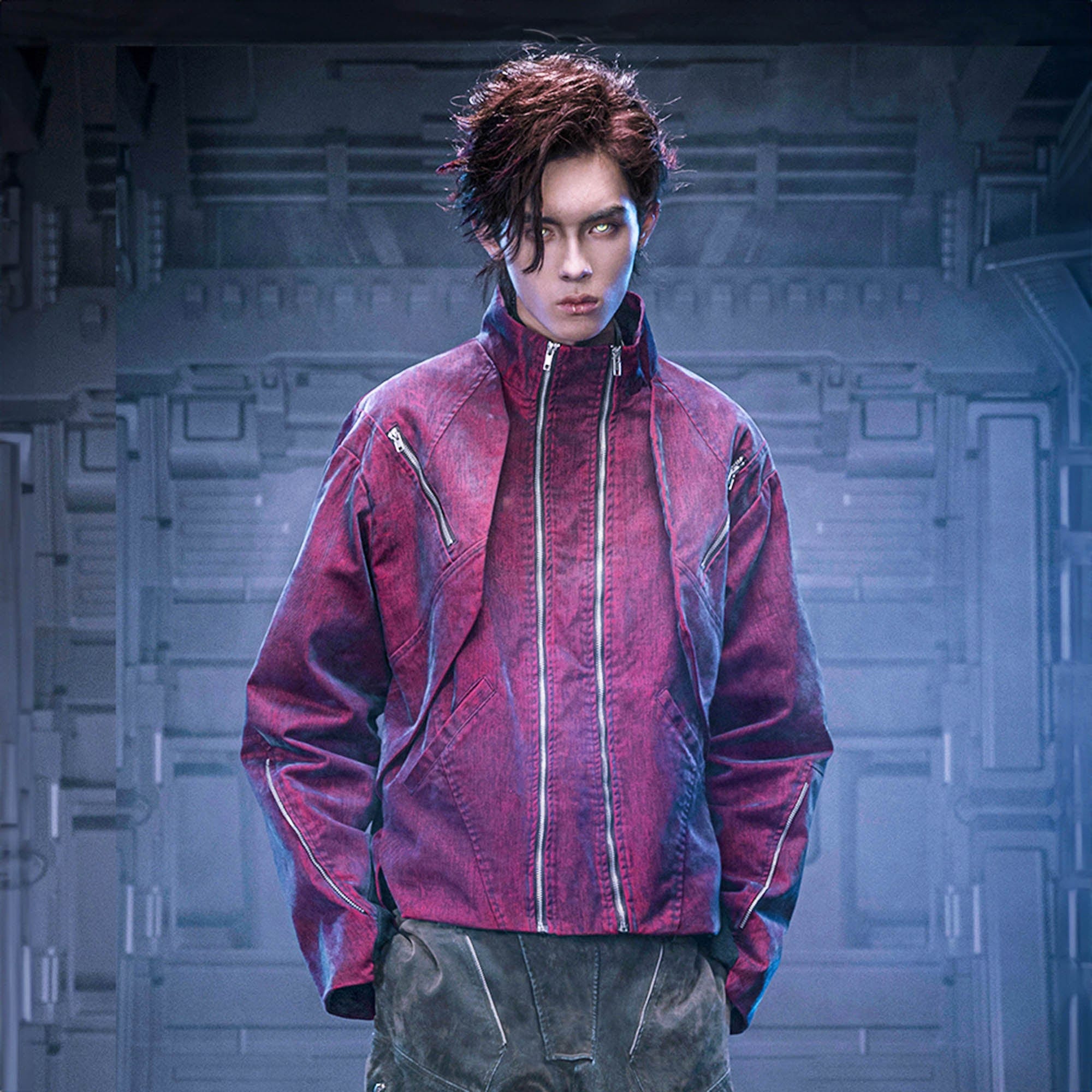 Chaqueta de bombardero táctico multi-zip rojo