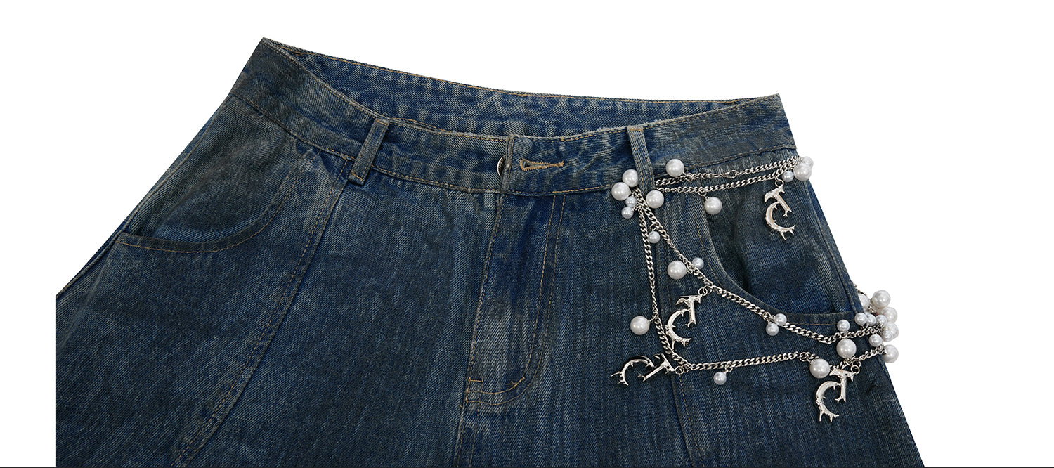 사이드 버튼 디테일이 있는 와이드 레그 배기 진