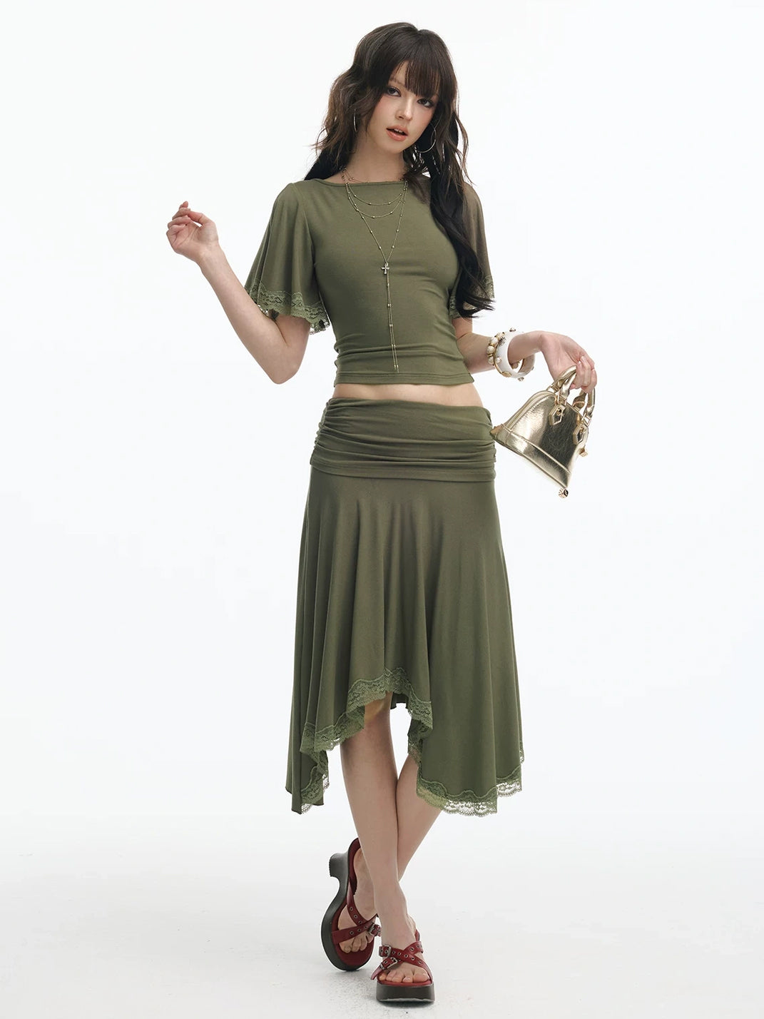 Olive Lace-Edge Crop Top or Draped Asymmetric Skirt - view 8