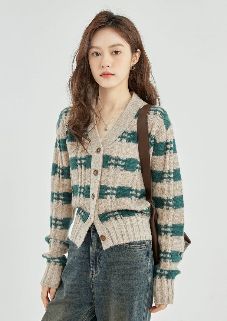 Green and Beige Plaid Knit Cardigan