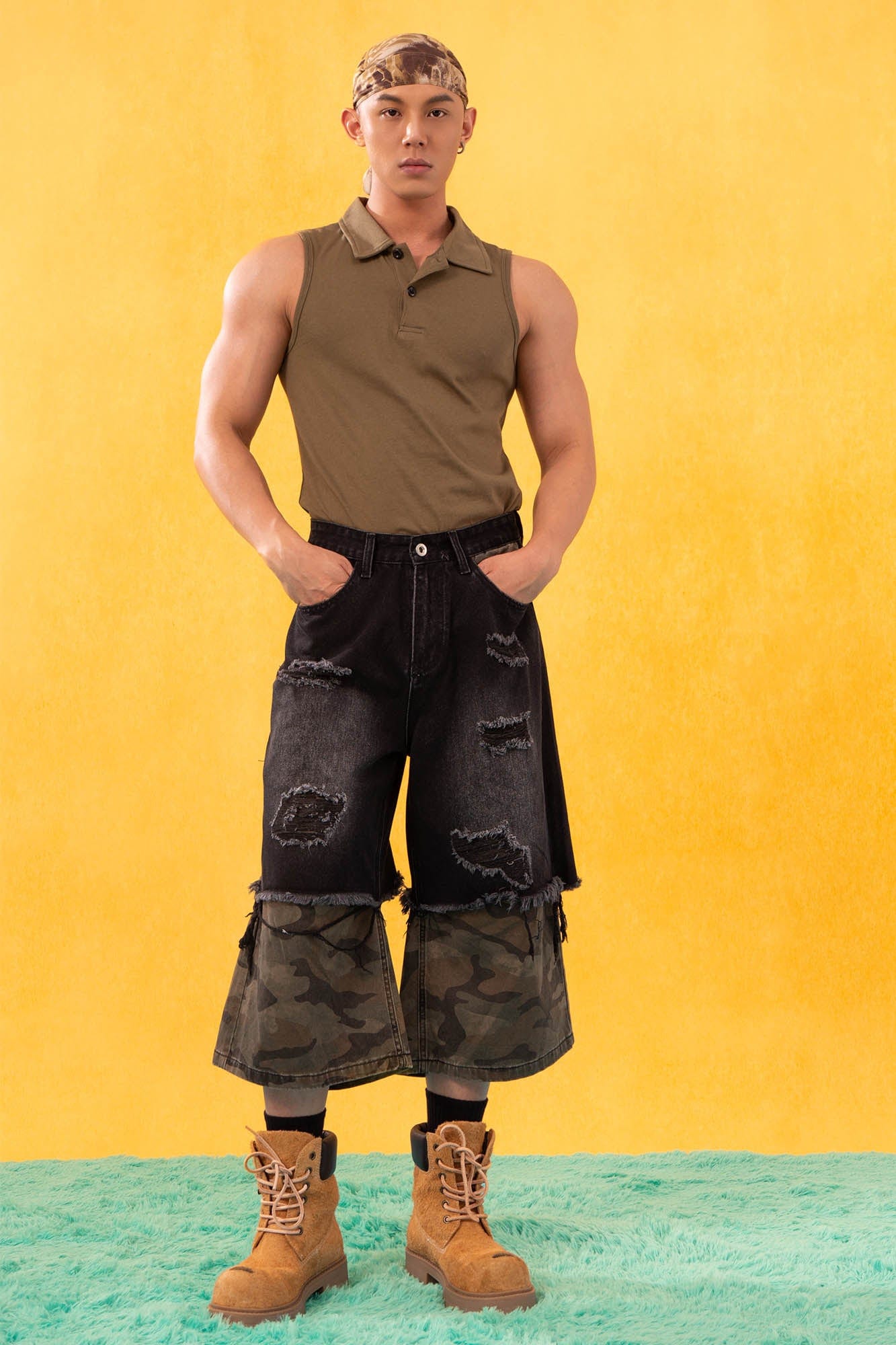 Camo Patchwork Distressed Denim Shorts