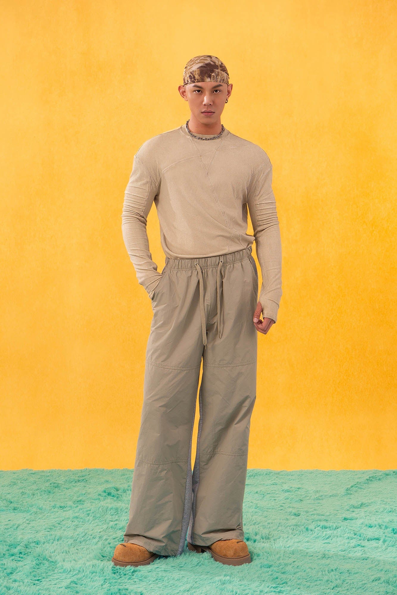 Wide-Leg Two-Tone Drawstring Pants