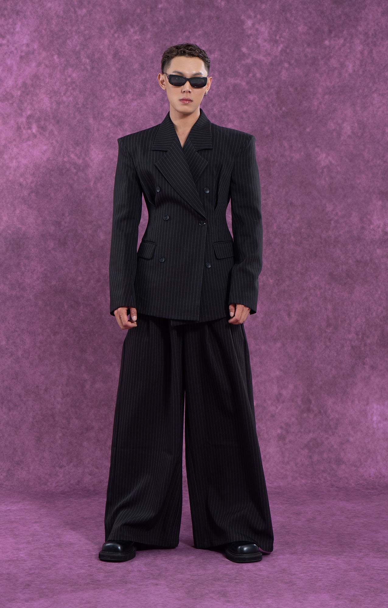 Black Pinstripe Cinched Waist Double-Breasted Blazer