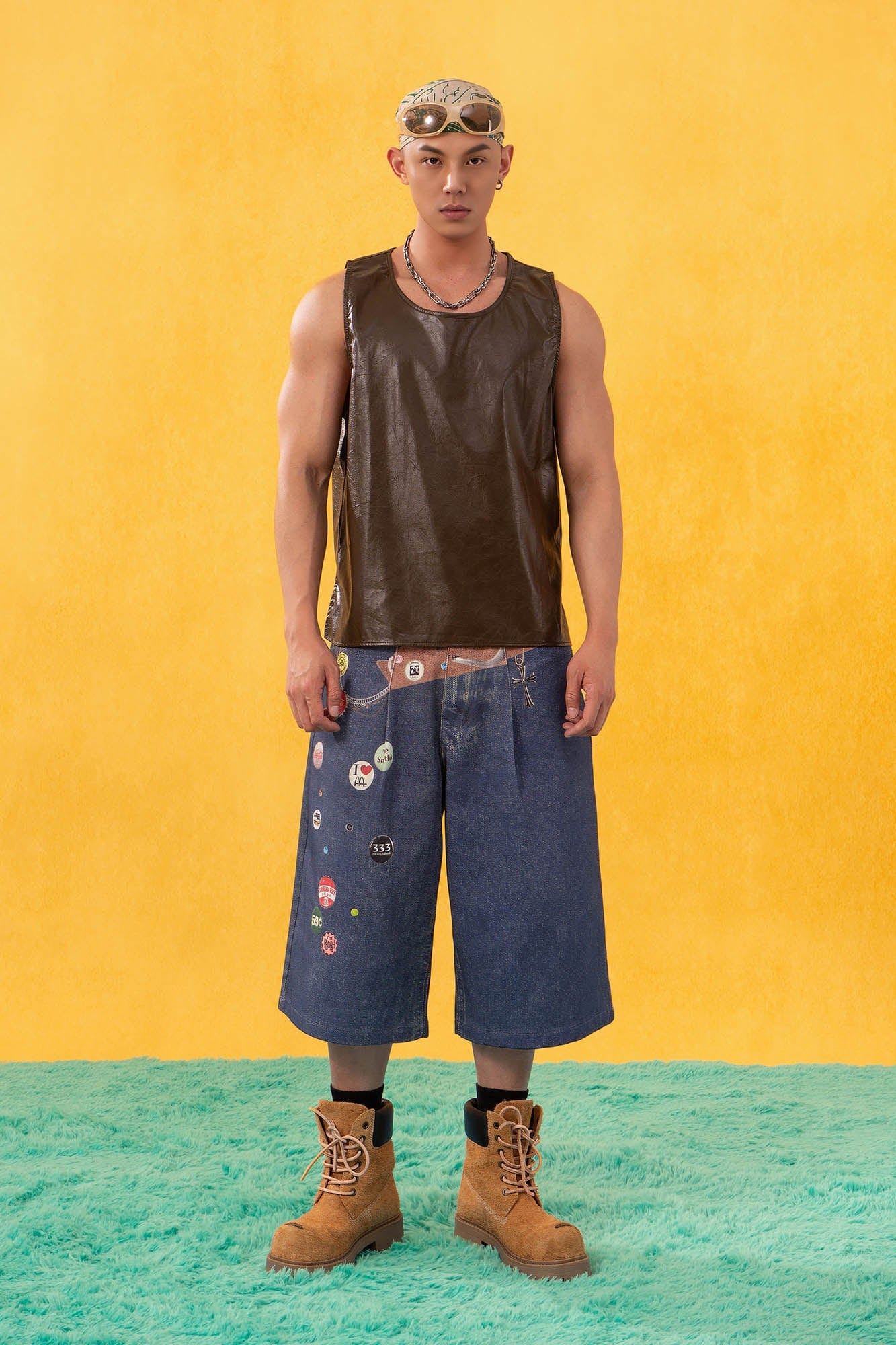 Wide-Leg Denim Shorts with Graphic Print and Button Details