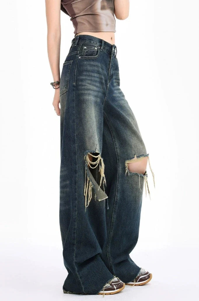 Distressed Raw Hem Dark Wide Leg Jeans