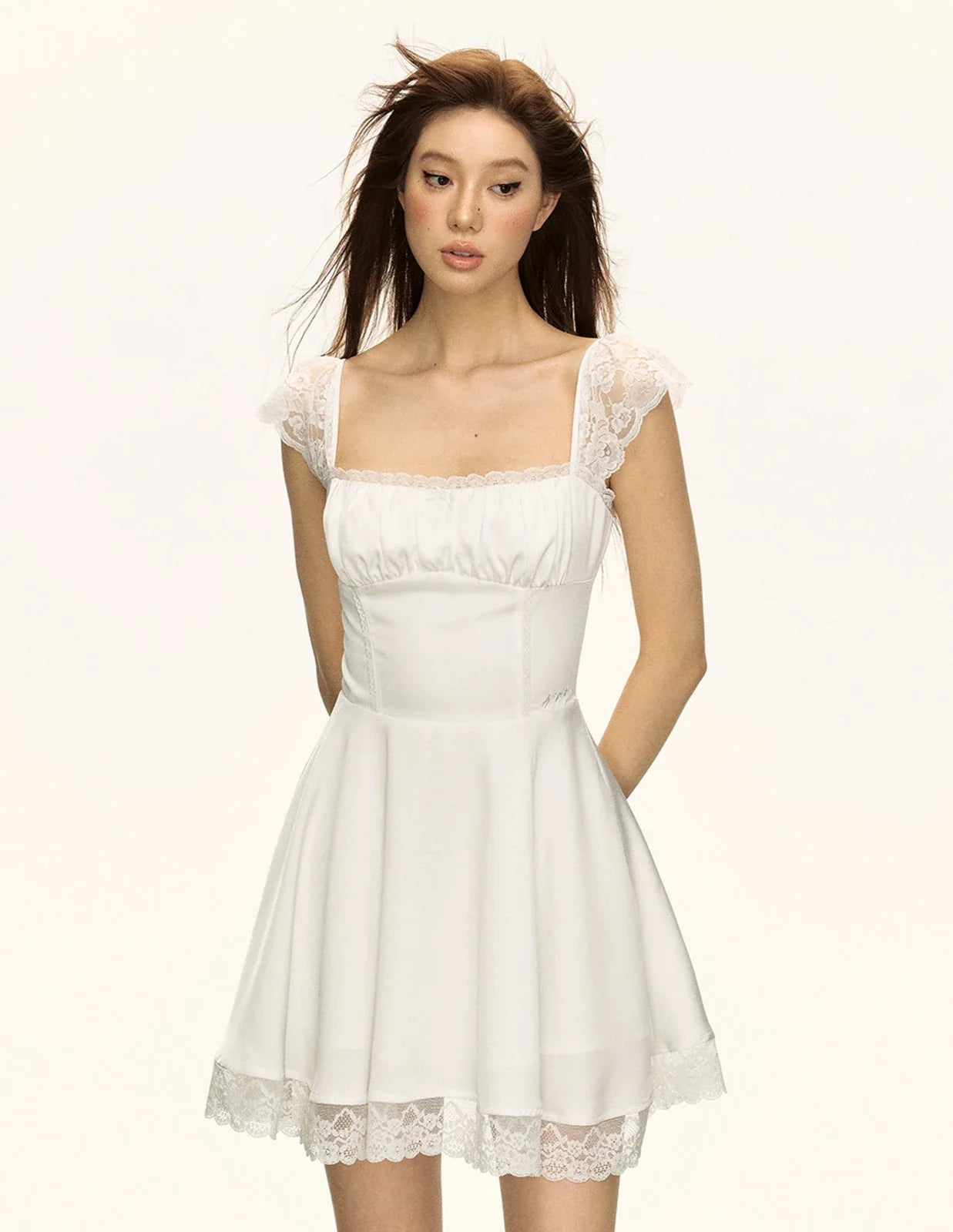 White Lace Trim Square Neck Mini Dress