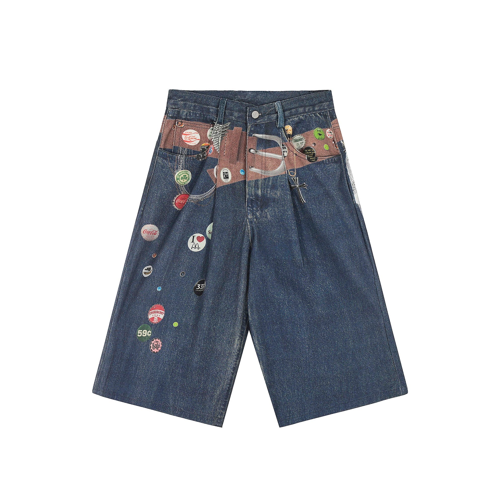 Wide-Leg Denim Shorts with Graphic Print and Button Details