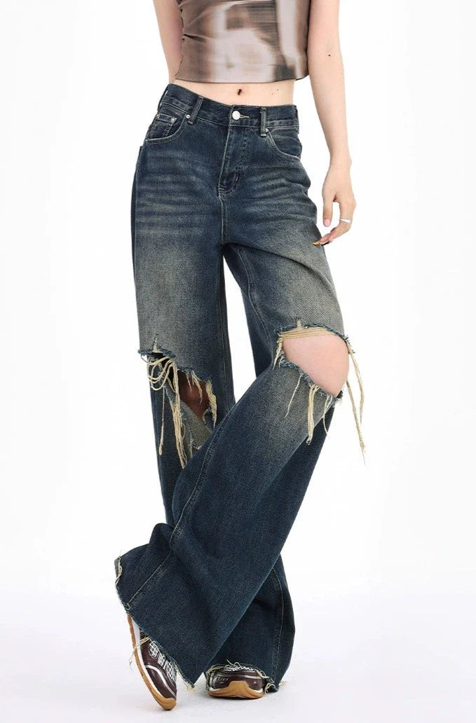 Distressed Raw Hem Dark Wide Leg Jeans