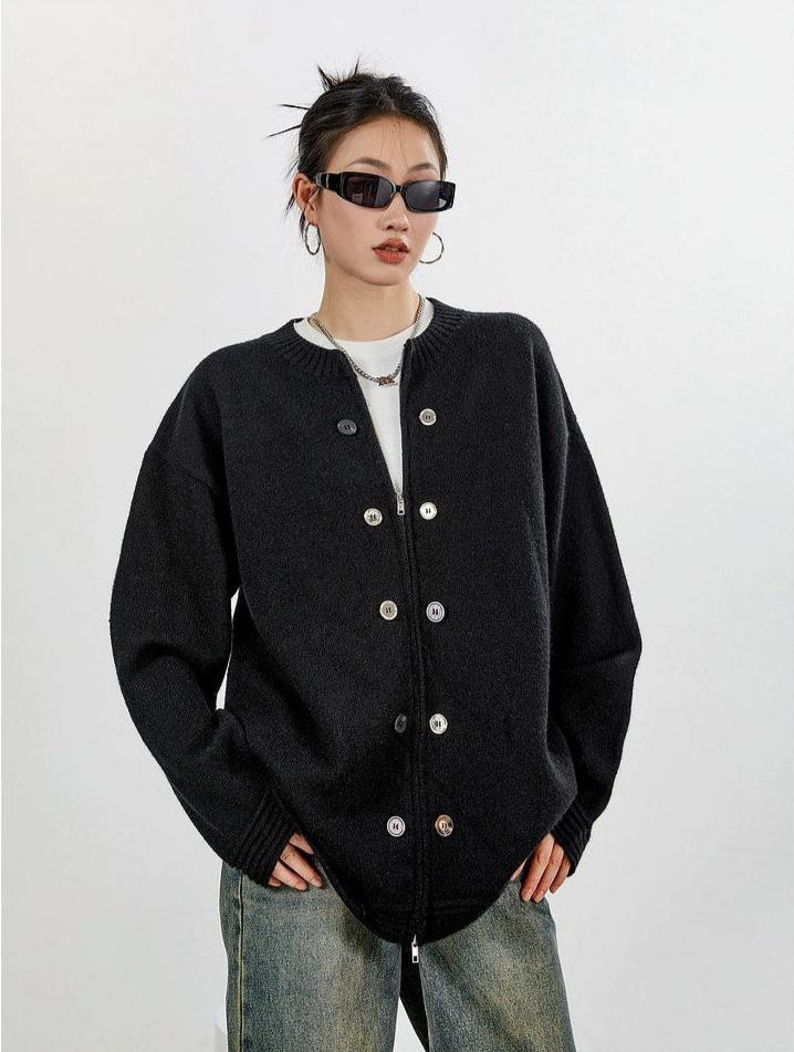 Ribbed Trim Oversized Button Zip Knit Cardigan