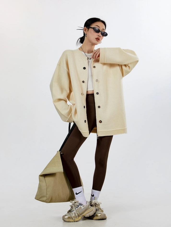 Ribbed Trim Oversized Button Zip Knit Cardigan
