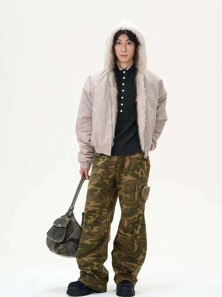 Oversized Bomber Jacket with Faux Fur Trim