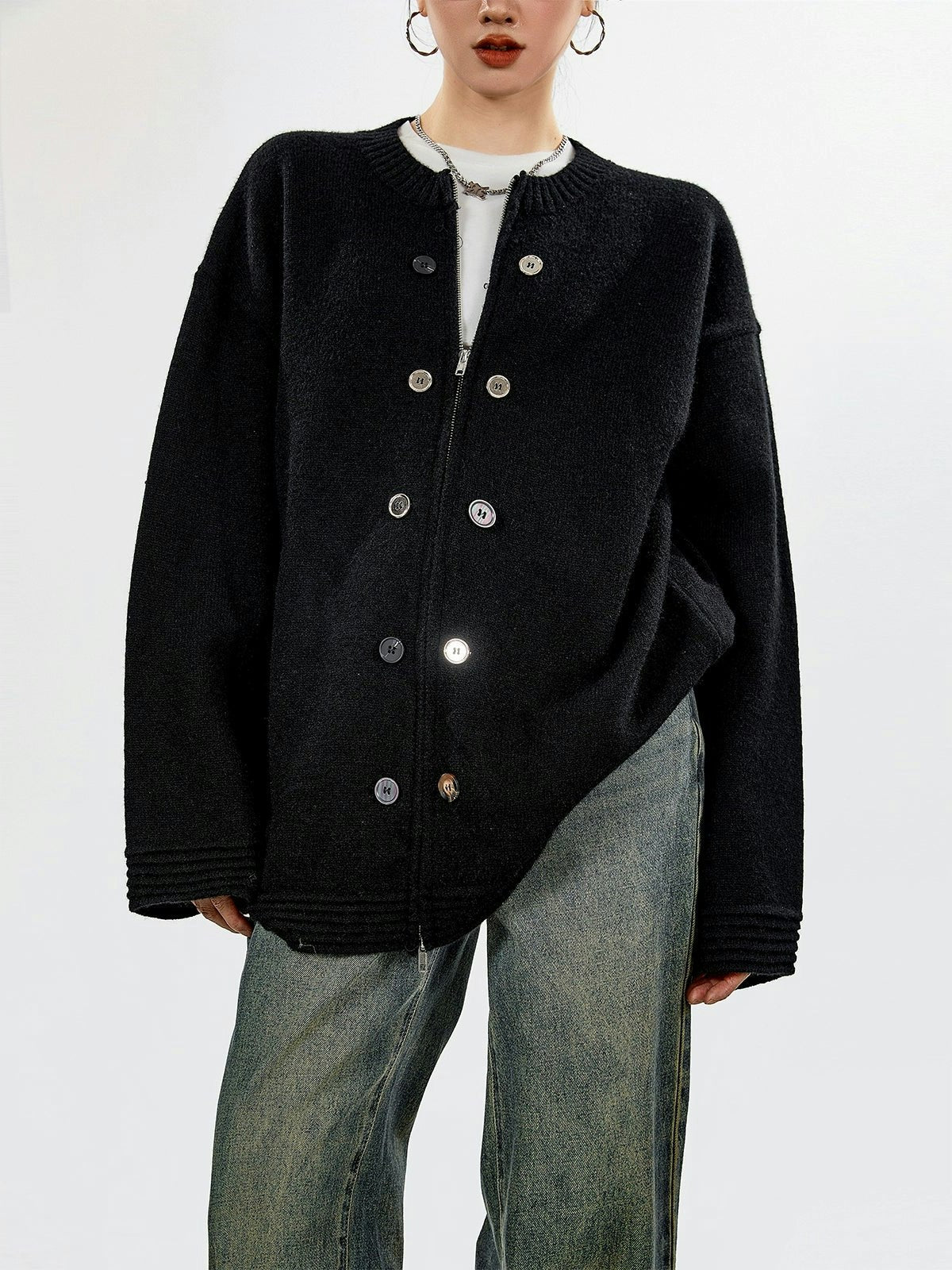 Ribbed Trim Oversized Button Zip Knit Cardigan