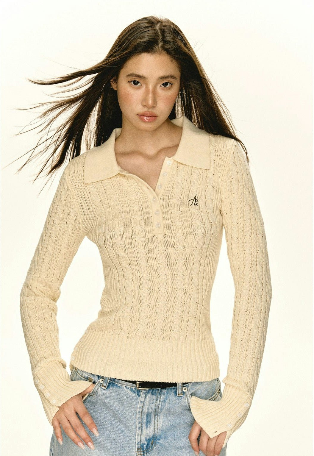 Half-Button Cable Knit Polo Sweater