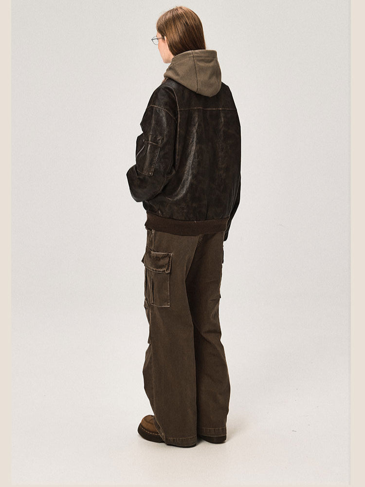 Veste en cuir PU avec col en laine d'agneau